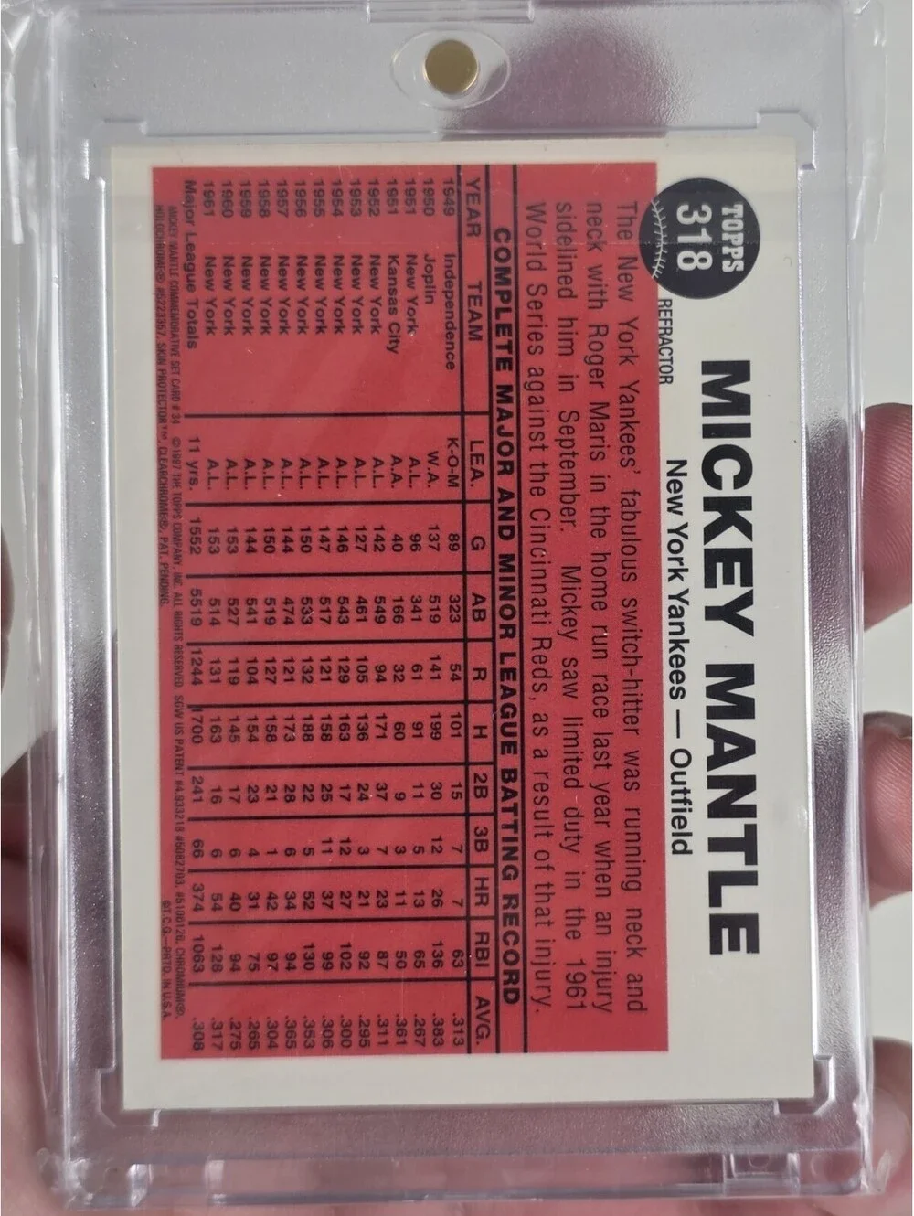 1997 Topps Mickey Mantle New York Yankees Refractor #318 Switch-Hitter Connects